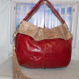 B Collective by Buxton Glossy Red Leather w Leopard & Tassel Hobo Shoulder Bag